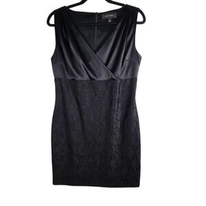 St. John Sheath Dress Womens 6 Black Satin Brocade V-Neck Cocktail Evening